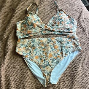 CupShe womens Floral Print twist bralette/spliced high waist bikini set XXL VGUC